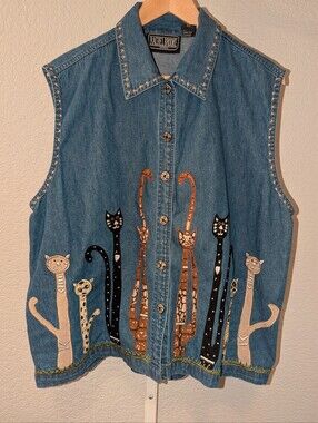 Vintage Rachel Brooke Embroidered Cat Denim Vest Cottagecore Plus Size 2X